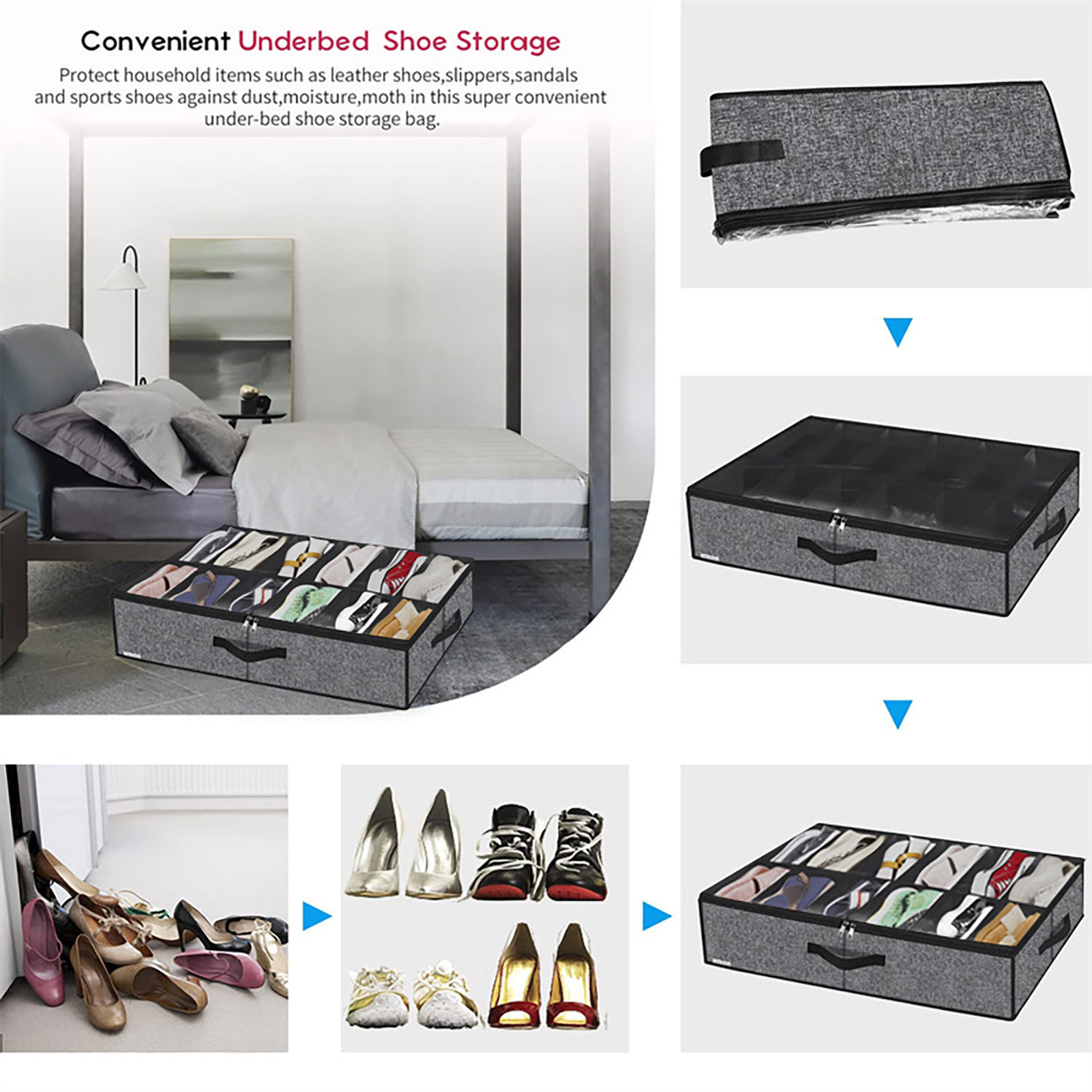 BDZL Bed Bottom Shoe Storage Box Side Handle Shoe Storage Container Space-saving Shoe Storage Box with Clear Dust-proof Cover Ideal Organizer for Home Bedroom