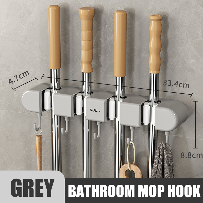 Mop Holder Wall Mounted Mop Organizer Holder Rackbrush Broom Hanger Hook Adhesive Multi-purpose Hooks Hanger Without Punching (4 Racks with 5 Hooks)(Grey, White)