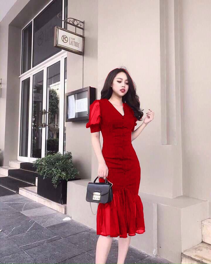 Đầm Body cổ v tay phồng cao cấp - YB220514