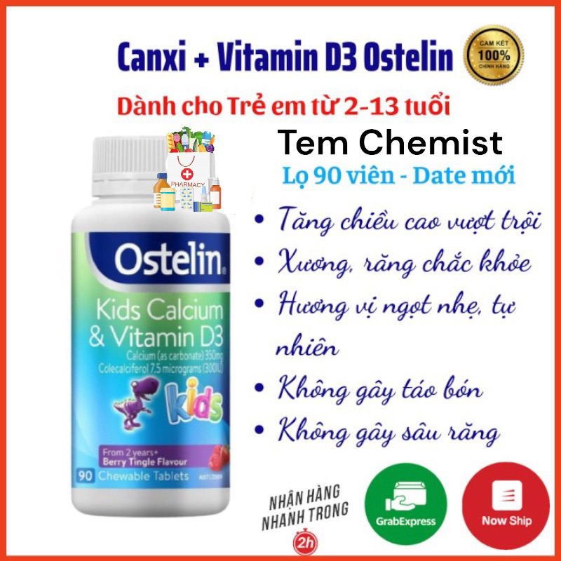 Canxi và Vitamin D3 cho bé, Canxi Khủng long Calcium & D3 Ostelin Kids 90 viên nhai cho bé từ 2 tuổi