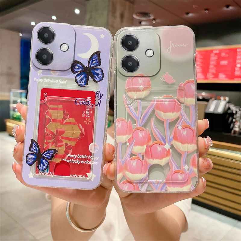 For OPPO A3X Case Card Holder Wallet Butterfly tulip Transparent Soft Case For OPPO A3X Back Cover. 