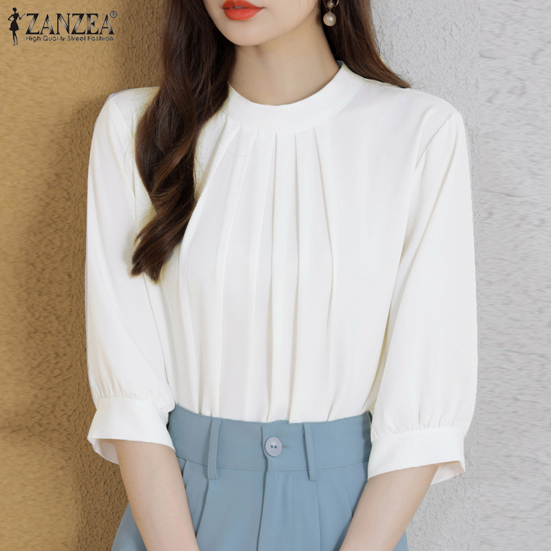 ZANZEA Korean Style Women's Blouse Stand Neck Puff Sleeve