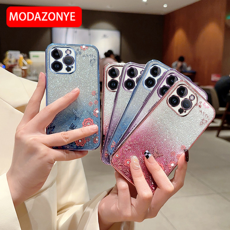 For iPhone 14 Pro Max Phone Case Glitter Bling Flower butterfly Soft Protective Back Cover For iPhone 14 Pro Max Case Girls