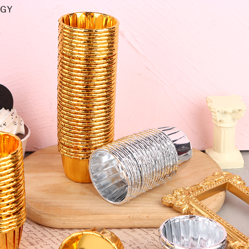 GY 50pcs mini cupcake Foil Cupcake Wrapper Paper Gold Silver Cupcake Baking Cups
