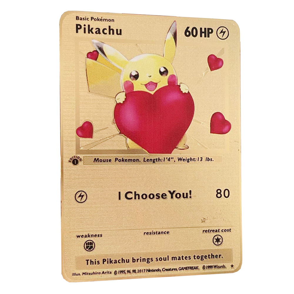 Hot demandHot demandCute Red heart Pikachu Golden Pokemon Cards in  English Iron Metal Pokmo Letters Kids Gift Game Collection Cards Rainbow |  Daraz.lk
