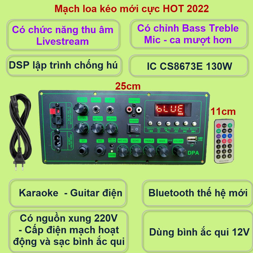 Mạch loa kéo CS8673E 130W, thu âm LIVESTREAM, DSP lập trình chống hú có chỉnh Bass Treble Micro, nguồn xung 220V - Bluetooth thế hệ mới