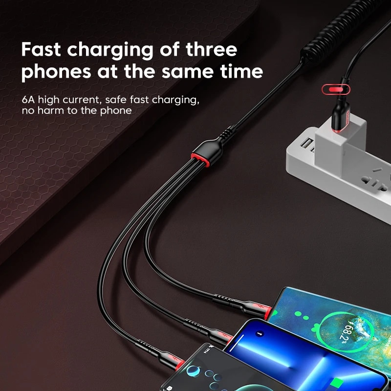 100w 3 in 1 Cable Type C Micro IOS Fast Charging Spring Charger Cable ...