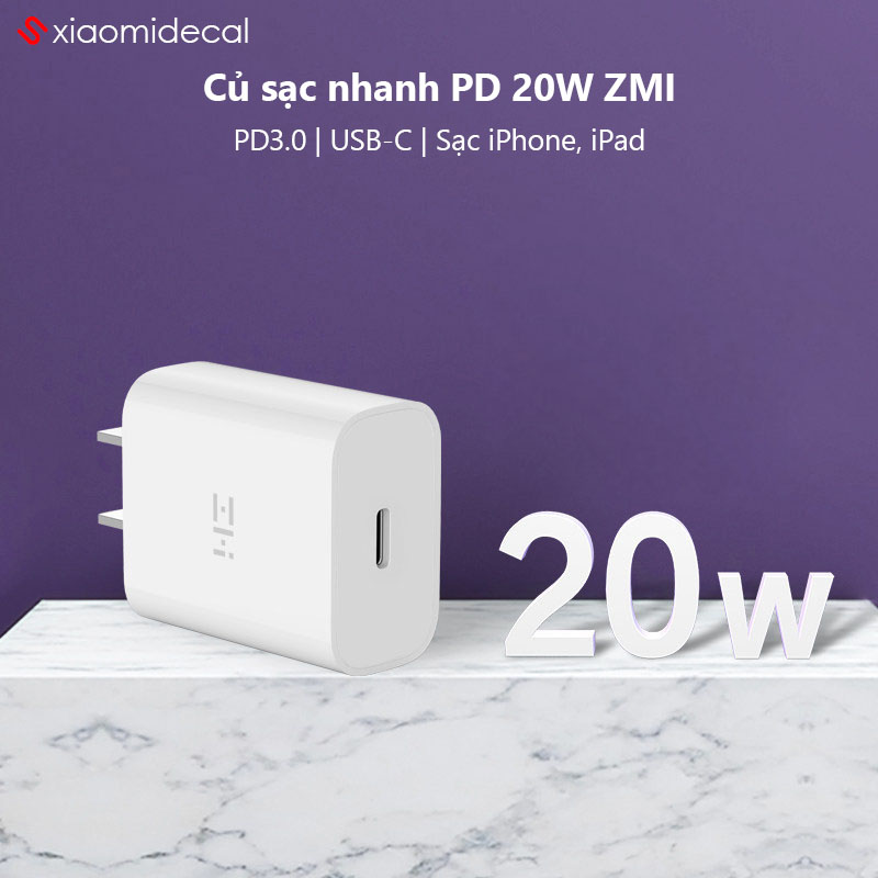 Củ sạc nhanh PD 20W ZMI Hỗ trợ sạc iPhone, iPad, Android ( Model HA716 )