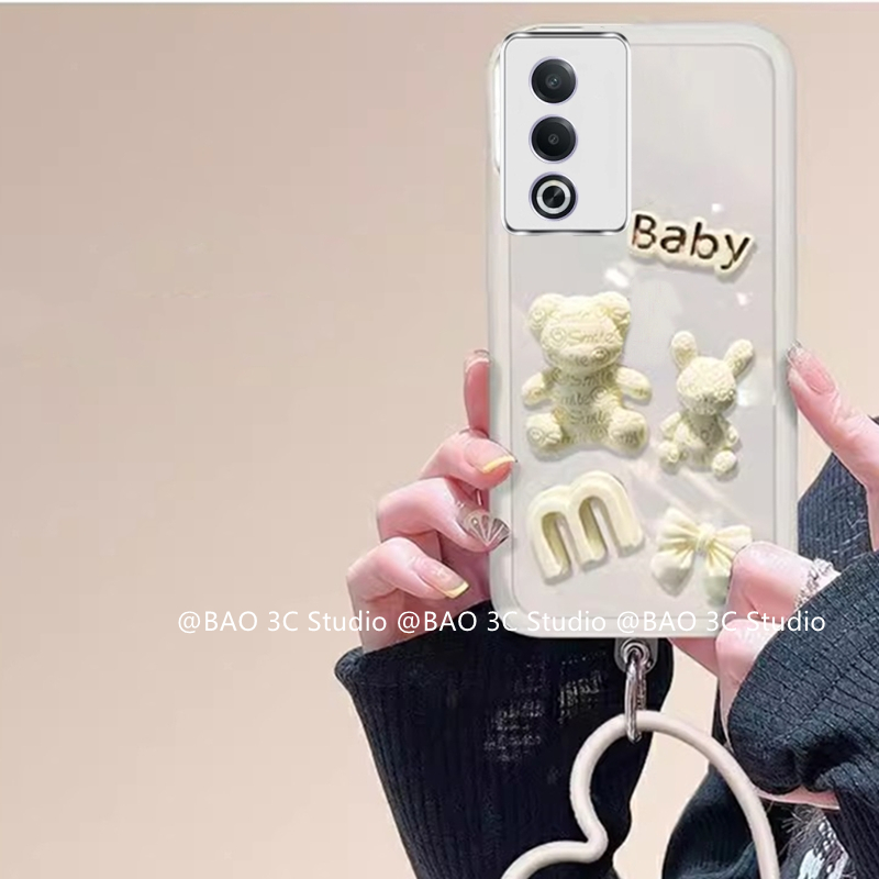 Fashion Casing A3 Pro OPPO Reno12 12 F 12F 5G New Cute Cartoon Tide 3D Bear Rabbit Doll Lens Film All-inclusive Anti-drop Creative Phone Case with Bracelet 2024. 