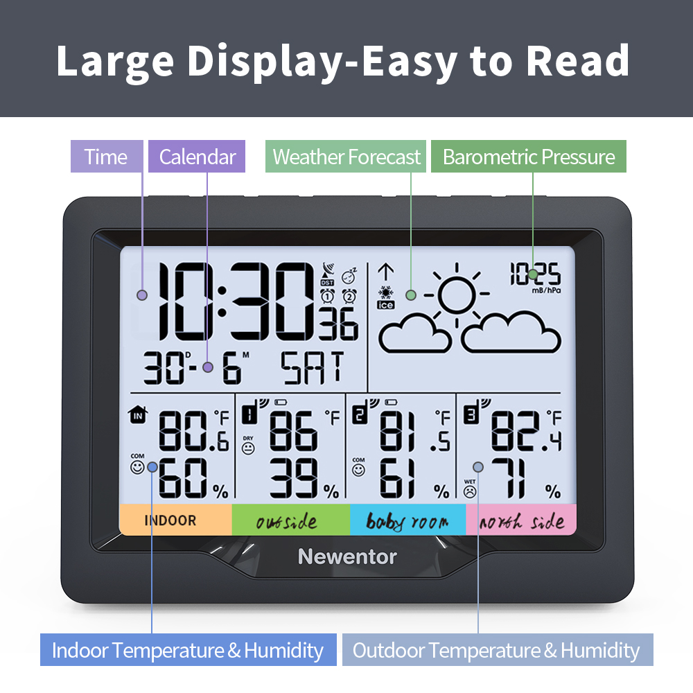 Newentor Weather Station Wireless Indoor Outdoor Digital Atomic Clock Weather Thermometer Temperature Humidity Monitor 3 Outdoor.