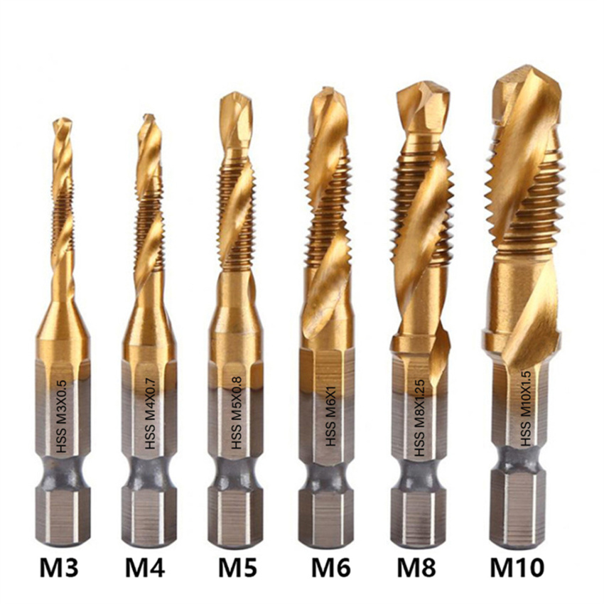 ⭐6pcs⭐ tap drill bit set hex shank titanium plated hss screw thread bit screw machine compound tap m3 m4 m5 m6 m8 m10 hand tools