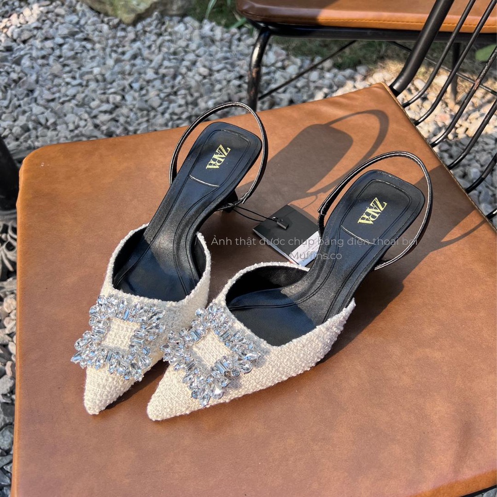 Giày cao gót dạ Zra tweed đính đá hở gót