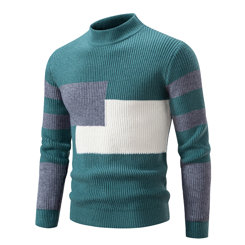 Men's Pullover Sweater Color Block Design Crew Neck Long Sleeve Knit Pullovers Winter Slim Sweater