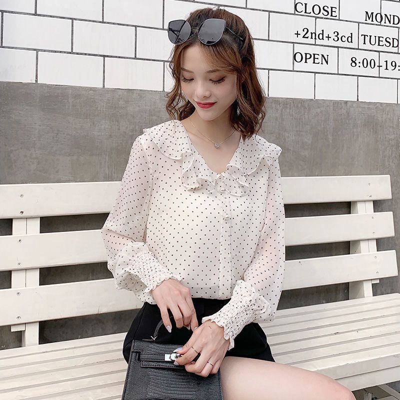 Chiffon Shirt Lotus Collar Long Sleeve Spring and Summer New Loose Big Size Fat Sister Female Polka Dot Fashion Nice Top