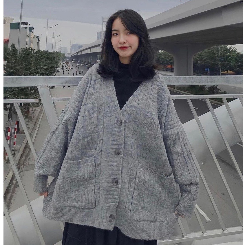 Áo khoác Cardigan len thừng dáng rộng có túi basic