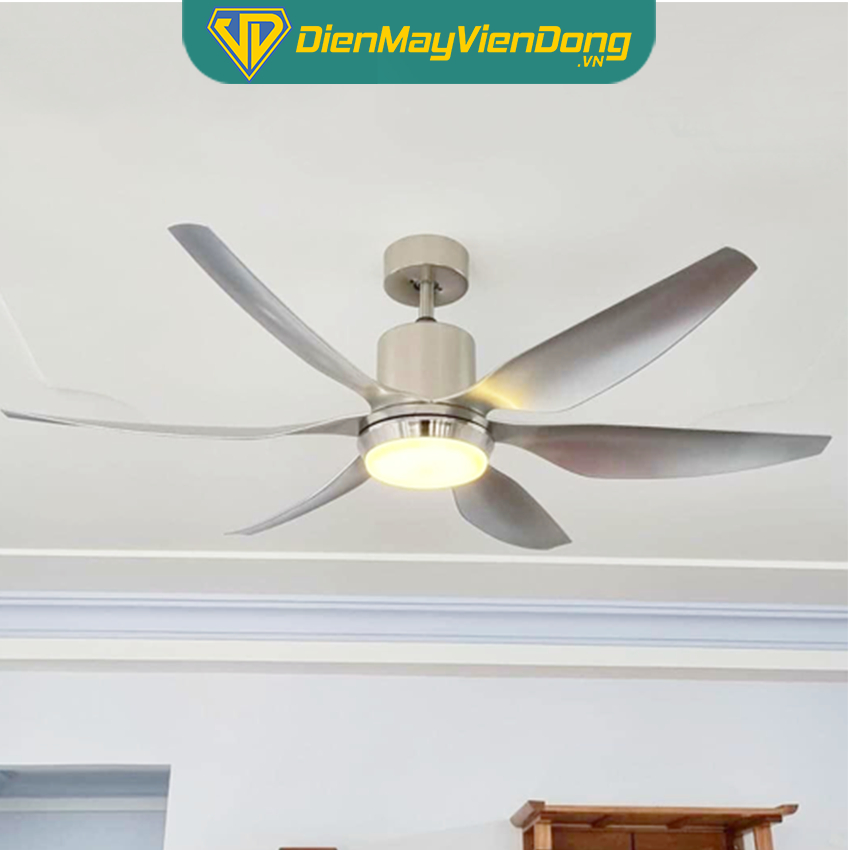 Quạt trần quạt trần đèn 6 cánh DCT Fan 119 màu bạc động cơ DC tiết kiệm điện, điều khiển từ xa 6 cấp độ gió