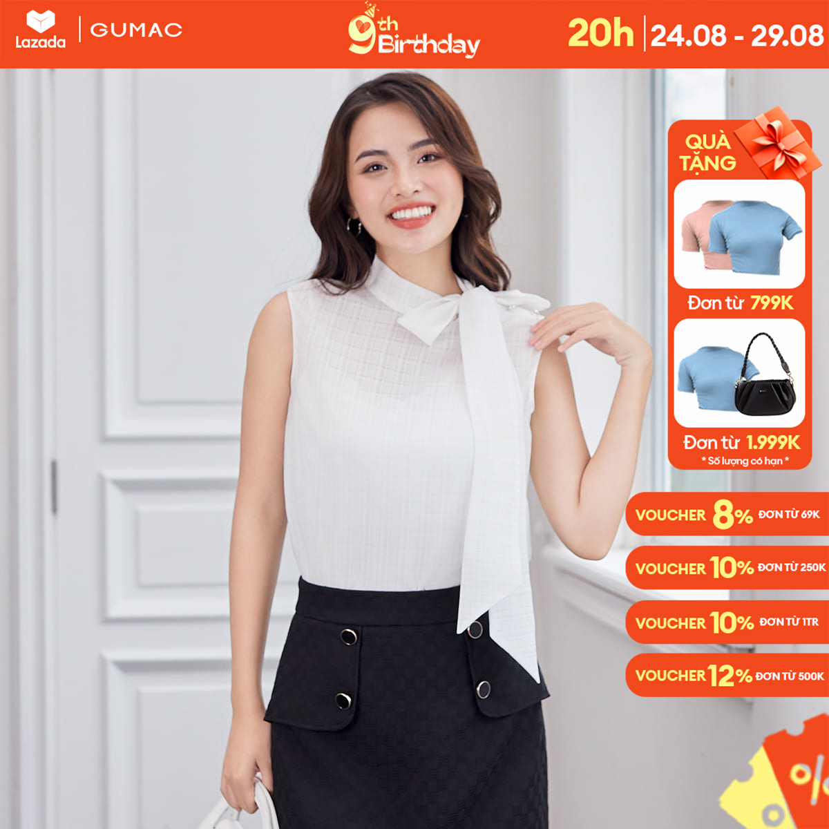 Áo kiểu nữ thắt nơ màu trắng, trẻ trung, thanh lịch thời trang GUMAC AD12010