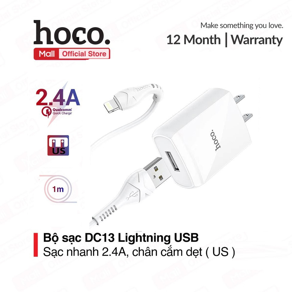 [ Mã giảm giá 60k cho đơn hàng từ 400k ] Combo Củ kèm dây sạc Hoco DC13 Lightning sạc nhanh 2.4A chân US dành cho Iphone