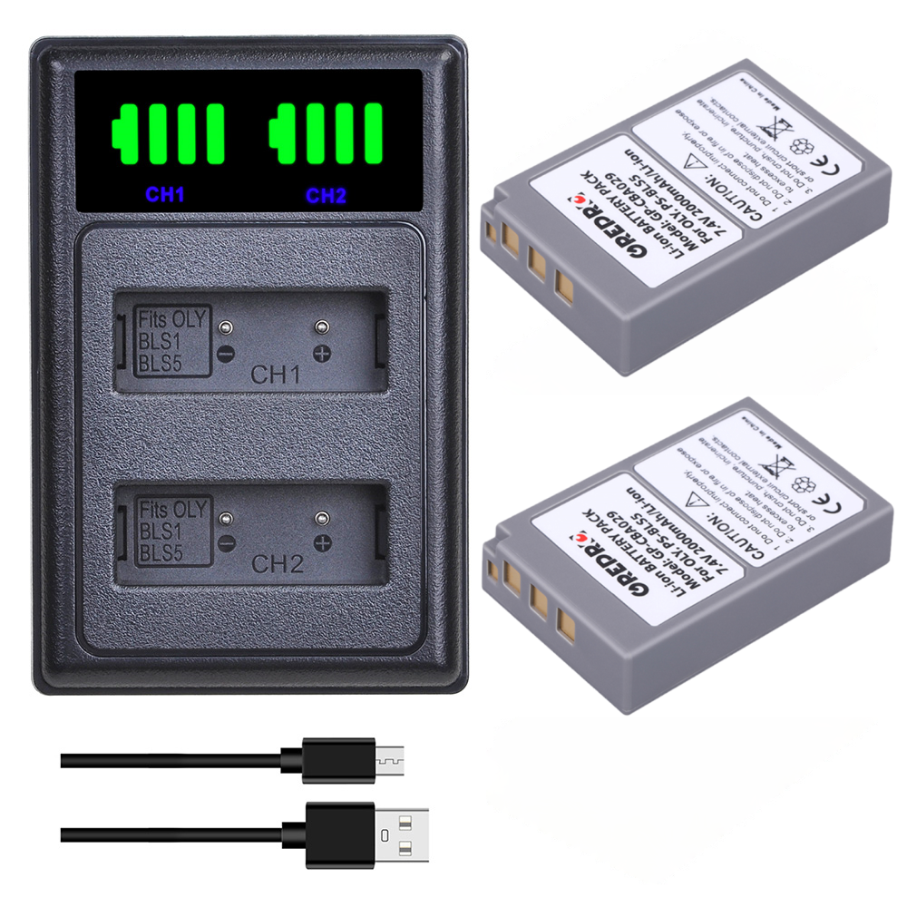 2000mAh PS-BLS5 bls5 bls50 Pin BLS-5 sạc với Type-C cho Olympus bút BLS-50 E-PL2 E-PL5 E-PL6 E-PL7 E-PM2