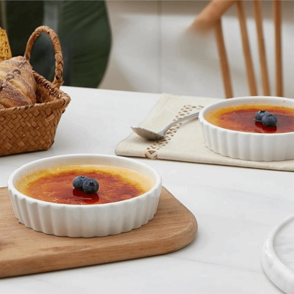 6pcs Individual Serving Ceramic Creme Brulee Ramekins Shallow Round Tart Baking Pan White Pie Baking Tray Pudding.
