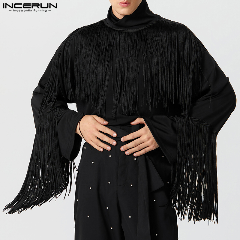 INCERUN Mens Long Sleeve High Neck Personality Party Plain Pullover Tassel Patchwork T-Shirts (Western Style)