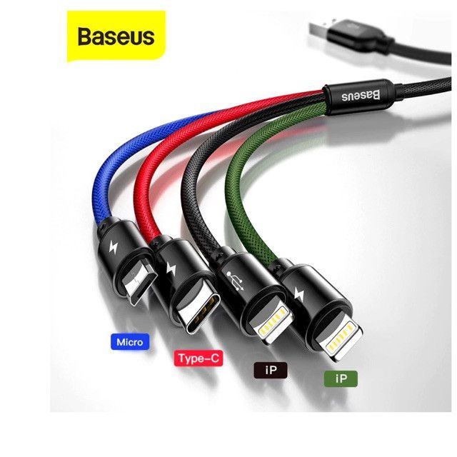 Cáp Sạc Nhanh Baseus Rapid Series 4In1 (Usb To 2Ios+Micro+C 3.5A-1.2M) Đen