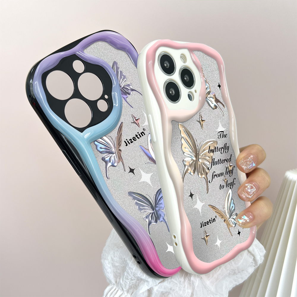 Jizetin for Infinix Note 30 4G 5G Back Cover Cartoon Golden Butterfly Cream Texture Wavy Edge Soft Silicone Phone Case. 