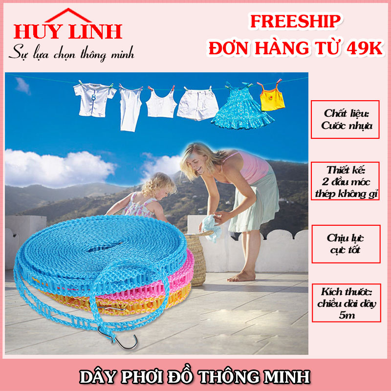 Dây phơi quần áo thông minh không cần cặp cuộn 5m, Huy Linh