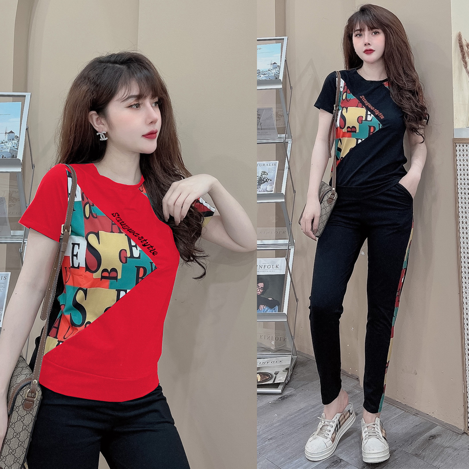Đồ bộ thun cotton dài họa tiết xếp hình (2 màu đen, đỏ)