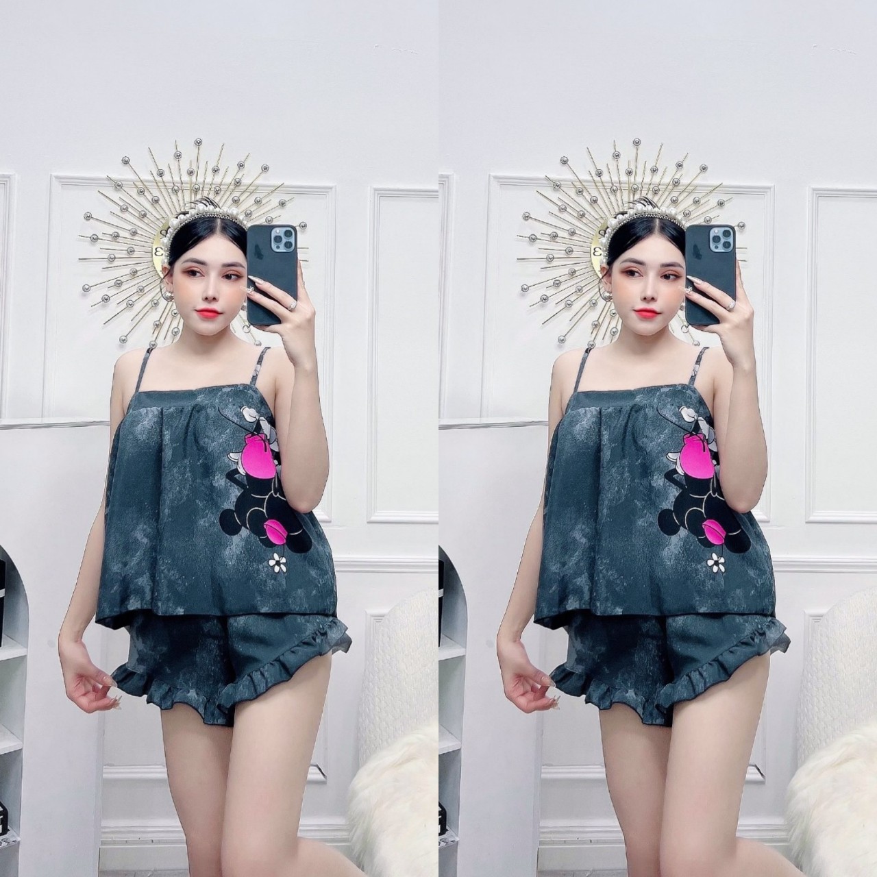 Đồ ngủ sexy 2 dây,Set bộ nữ 2 dây quần áo mặc nhà chất lụa hàn mát mềm mại gợi cảm