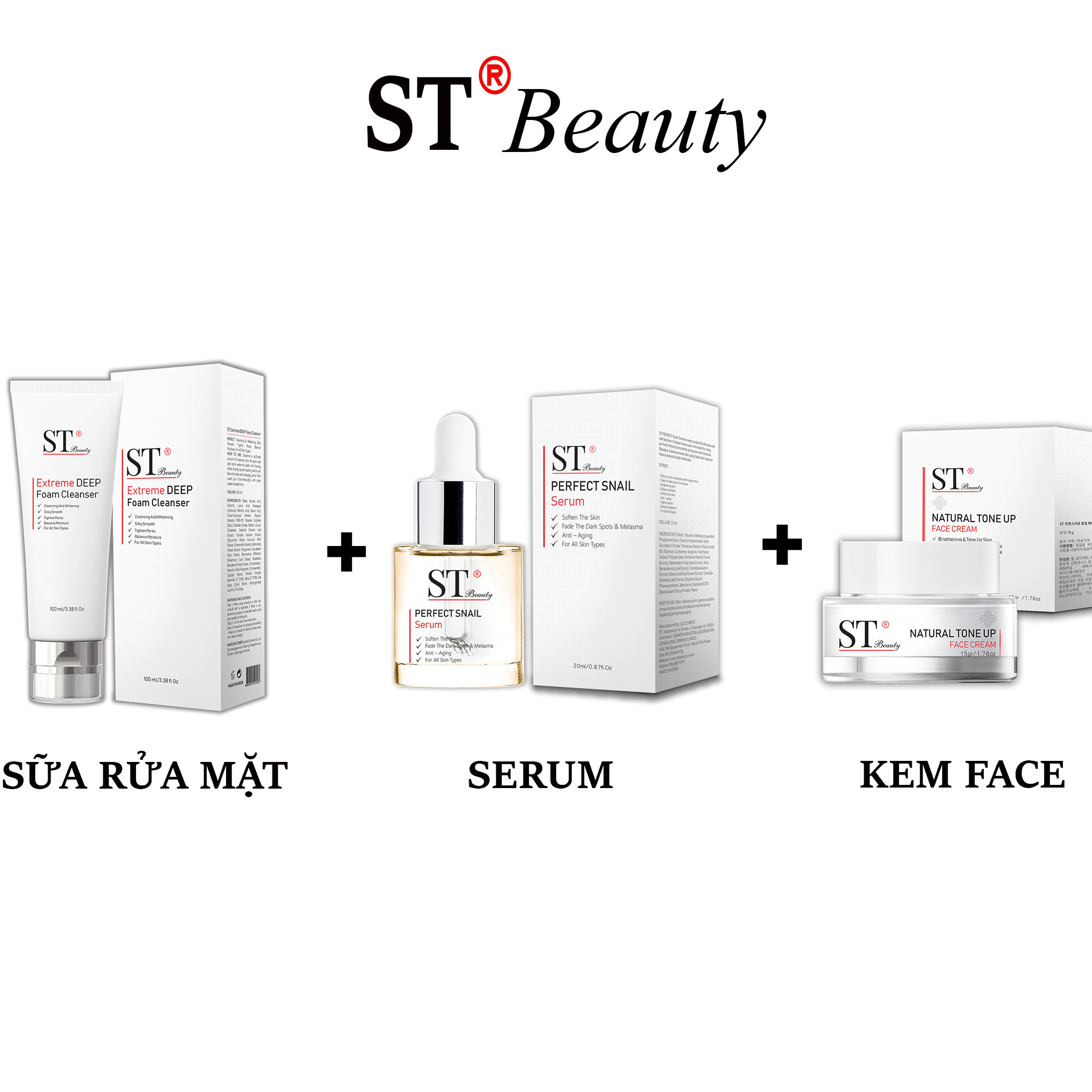 COMBO 3 Sữa rửa mặt + Serum ốc sên + Kem face ST BEAUTY