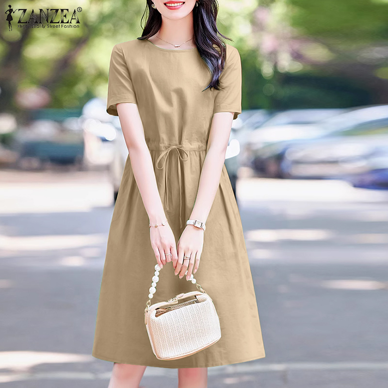 ZANZEA%20Korean%20Style%20Womens%20Casual%20O%20Neck%20Drawstring%20Lace%20Up%20Dress%20Elegant%20Short%20Sleeve%20Solid%20Knee%20Length%20Dresses%20-%20Image%209