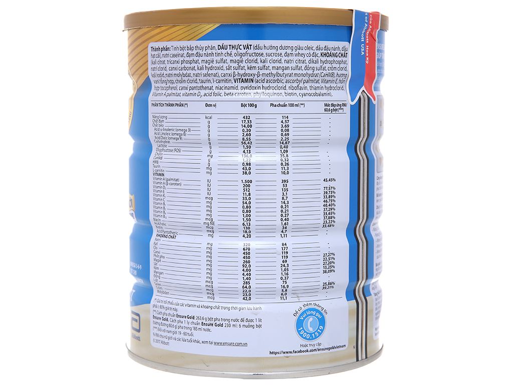Sữa bột Ensure Gold vani ít ngọt lon 850g