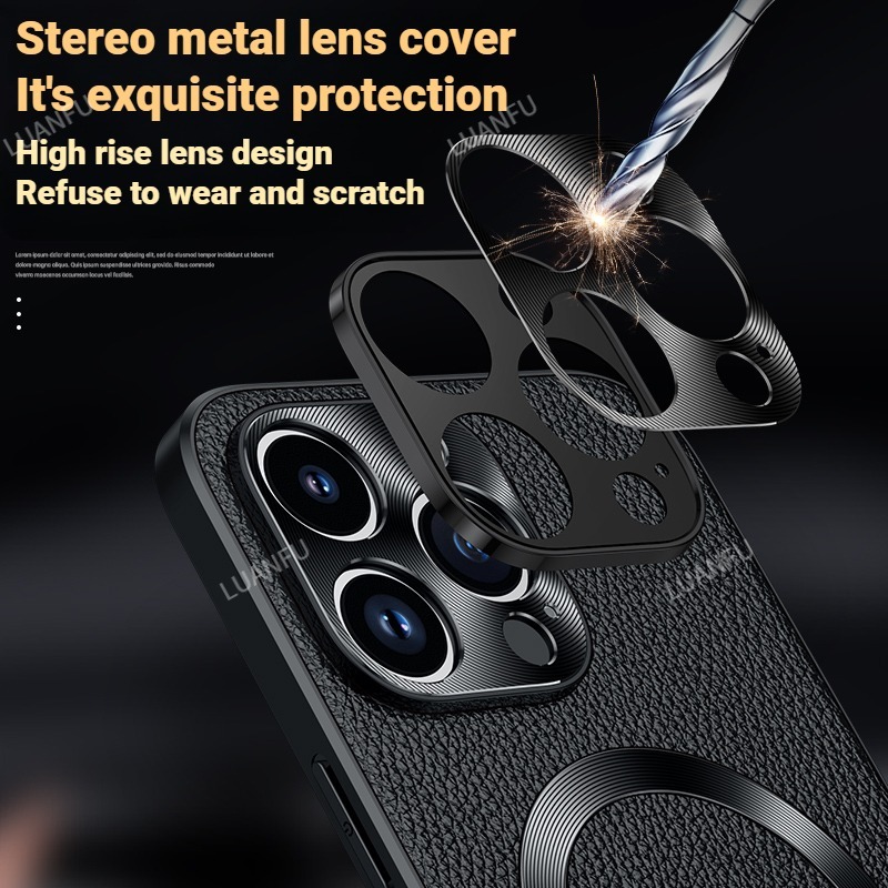Case for iPhone 12 13 14 15 Pro Max Case Top Cowhide Wireless Charging Case for iPhone 15 Plus Metal Lens Ring Drop-Proof Shockproof Case
