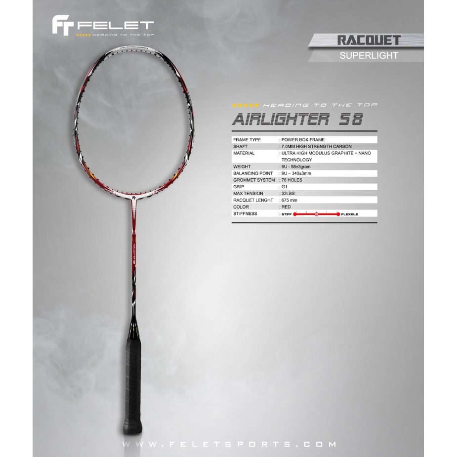 Felet Airlighter 58 Ultra Light 58g 9u Racket Badminton Racket Raket