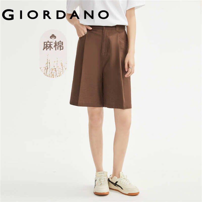 GIORDANO Women Shorts Linen Cotton Lightweight Pleated Shorts High Waist Fashion Loose Summer Breathable Casual Shorts 05403307