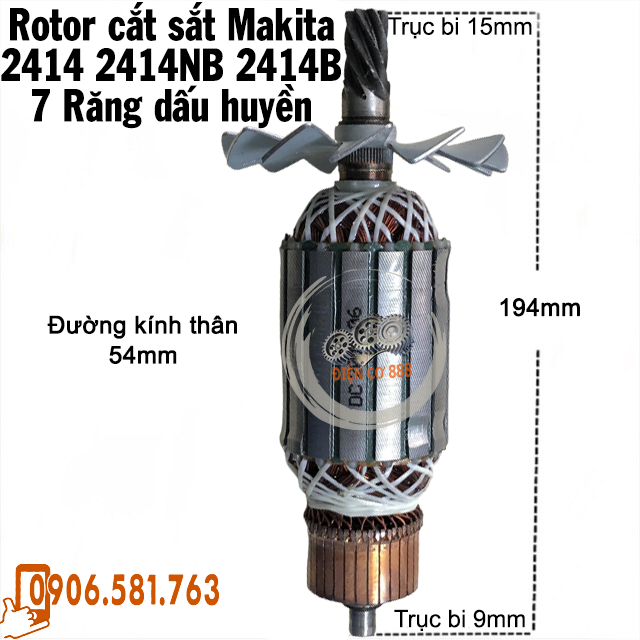 Rotor cắt sắt Makita 2414NB 2414B, DCA AJG04-355 7 Răng Thân 54mm Dài 194mm - Tặng chổi than