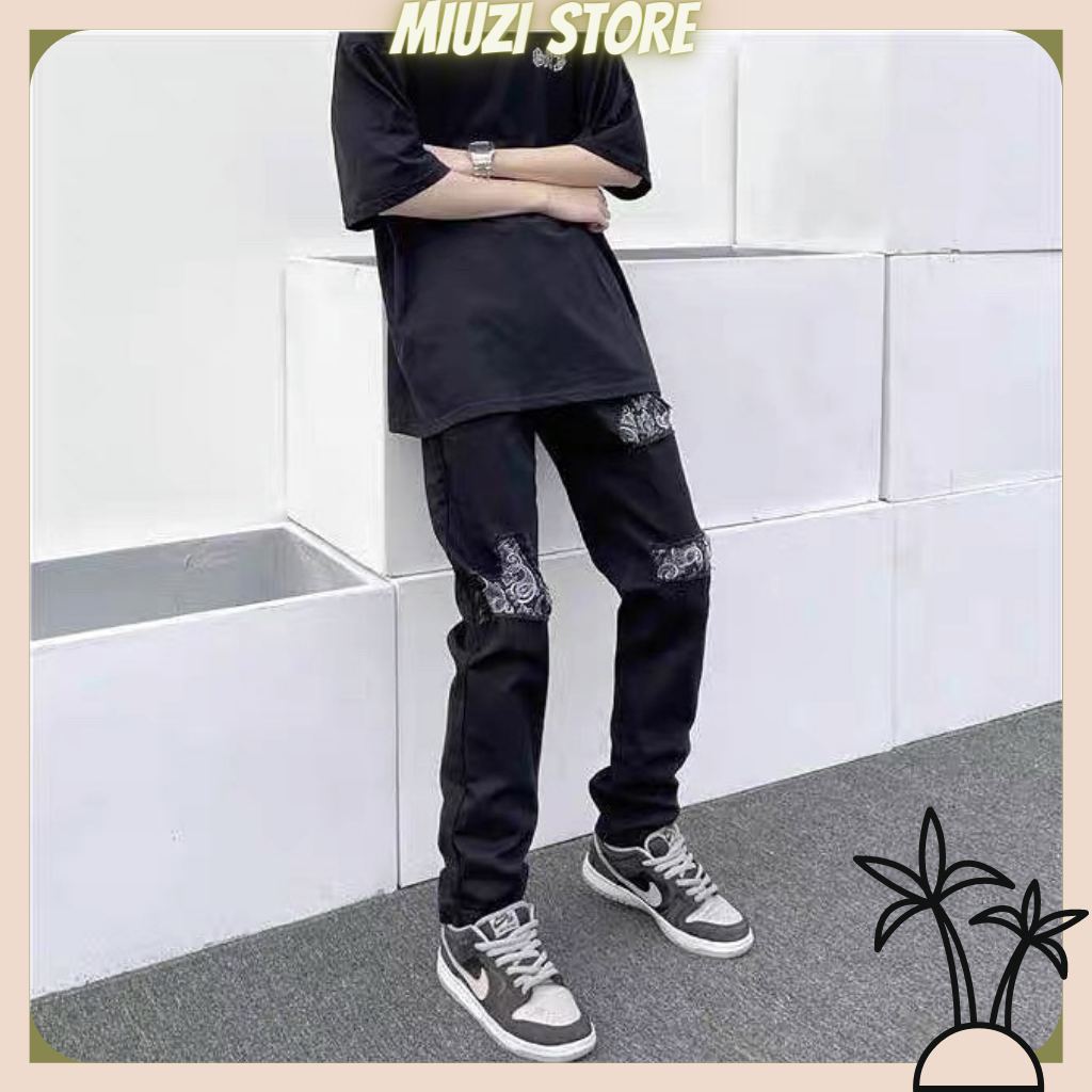 Quần jean nam rách gối họa tiết bandana,quần jean đen miuzi DT028