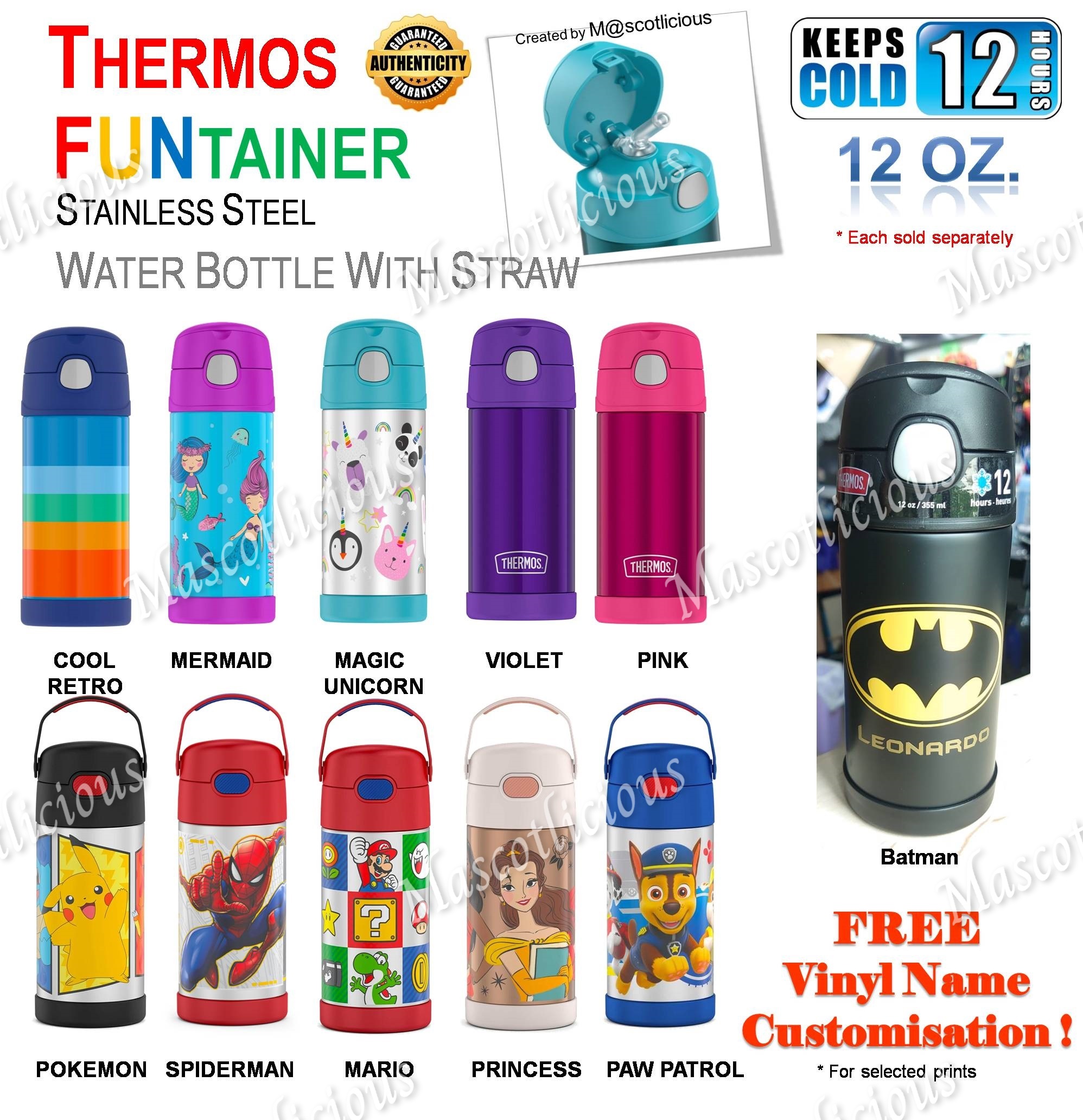 Thermos FUNtainer 12Oz (355ml) Straw Bottle, Girls (Varies
