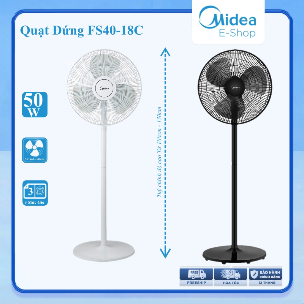 Quạt Đứng Midea FS40-18C / 18CB 50W - Quạt Cây 40cm 3 Cánh Gió Êm 2 Màu Trắng Đen