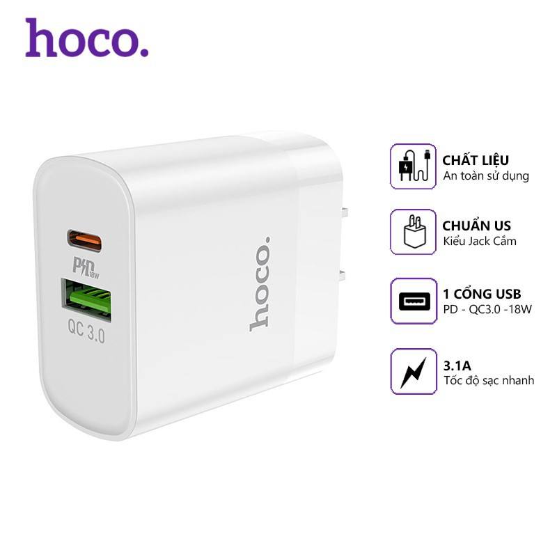 Củ sạc nhanh Hoco C80 20w (QC 3.0, PD) 2 cổng sạc cho iphone