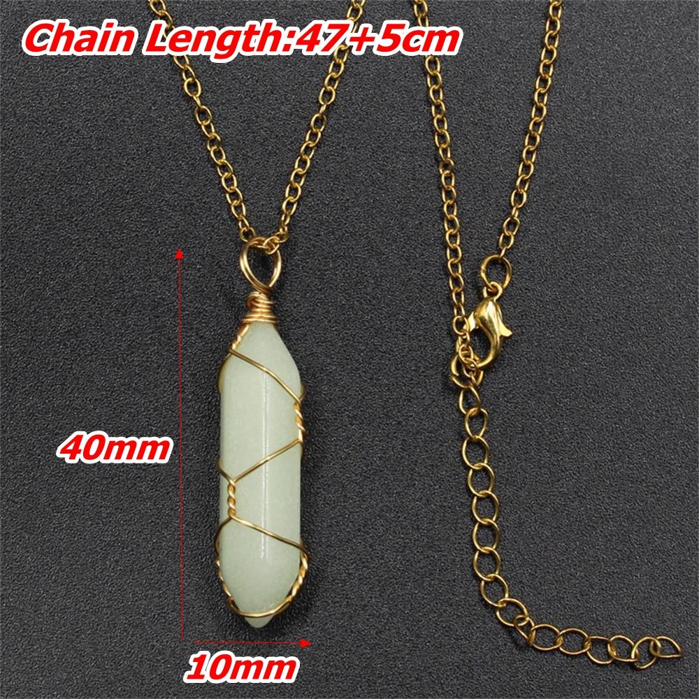 Hexagonal Cylindrical Crystal Necklace Glow In The Dark Luminous Wire Wrap Stone Craft Pendant Necklace Gift for Women Men Party. 