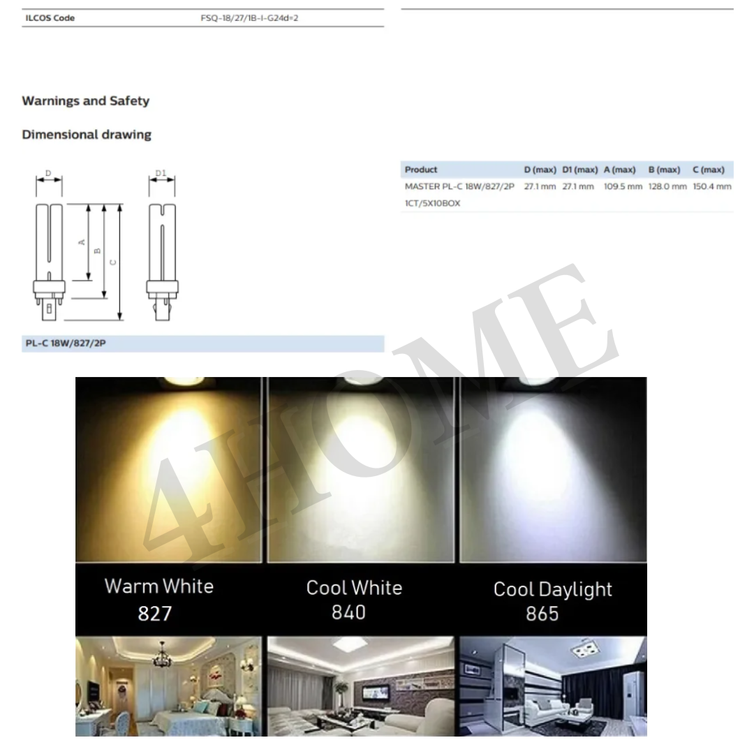 Lampadina Fluorescente MASTER PL-C 18W - Luce Calda 3000K, Attacco 2 Pins, Risparmio Energetico