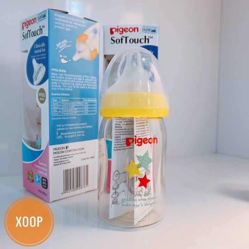 Bình sữa cổ rộng PIGEON 240ml (có đổi núm size L, LL)