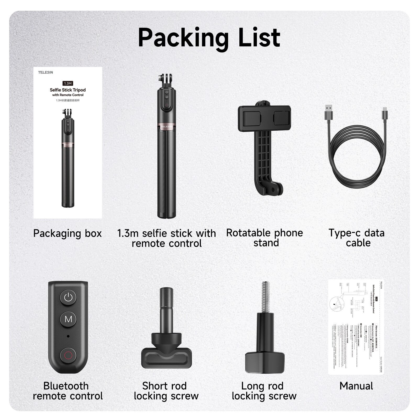 Telesin 1.3m selfie stick tripod with wireless bluetooth remote control for gopro insta 360 dji action camera for smart phone