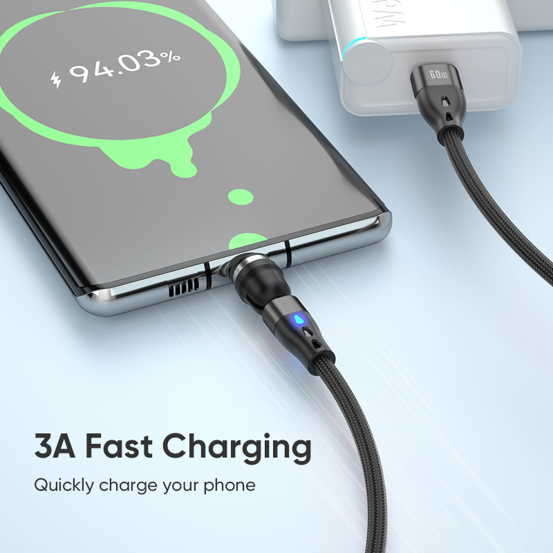 TBTIC 540 ° Rotatable 7-Pin Magnetic Fast Charging Data Cable PD Micro USB Type C For iPhone IPad OPPO Vivo 66W Charge Cable Car Gaming With LED Light
