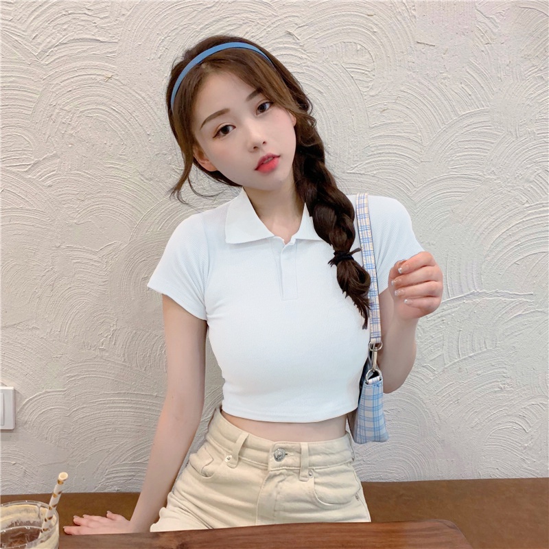 Áo croptop Polo nữ tay ngắn, Áo thun nữ dáng croptop ôm cổ đức, croptop Polo nữ ngắn tay