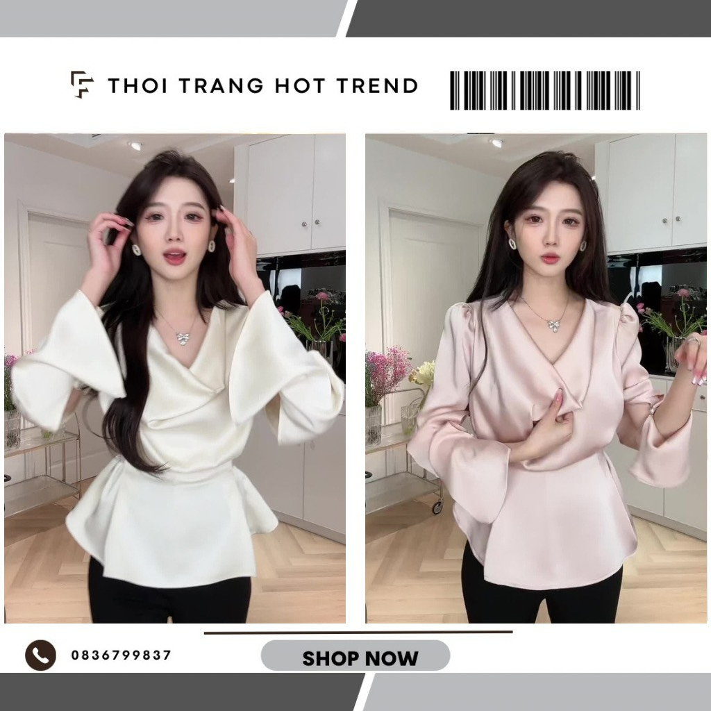 Áo Lụa Cổ Trễ, Áo Sơmi Lụa Cổ Đổ Dài Tay Buôc Dây Eo Phong Cách Hàn Quốc