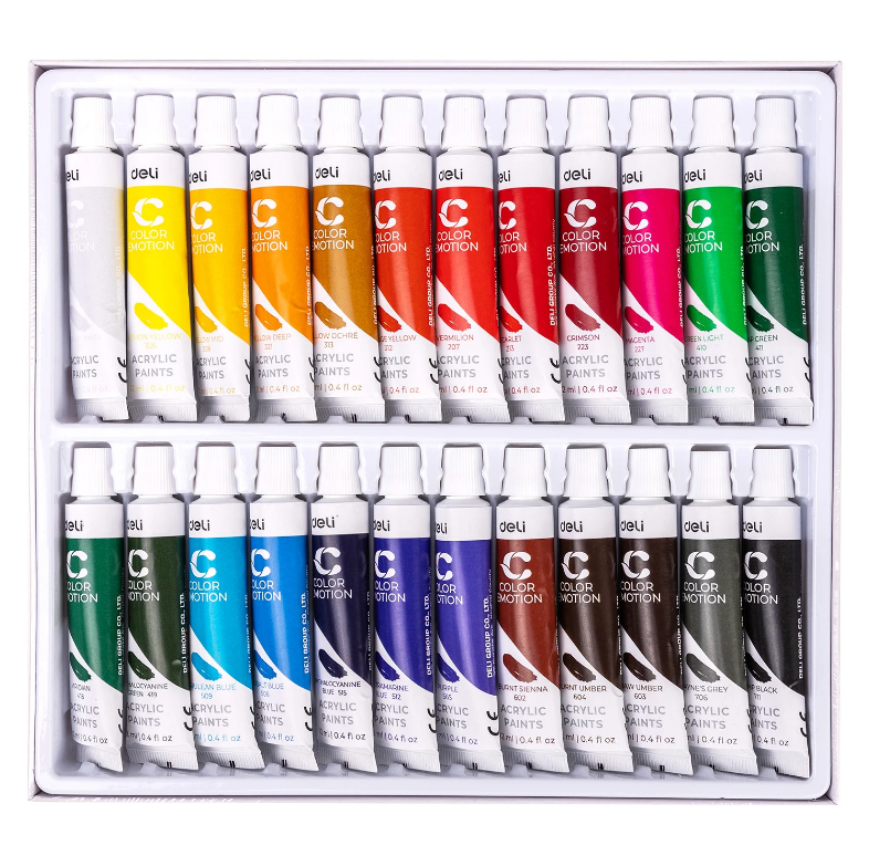 Màu sơn Acrylic Deli bộ 24 màu tuýp 12ml vẽ vải, gỗ, kim loại, đa năng C