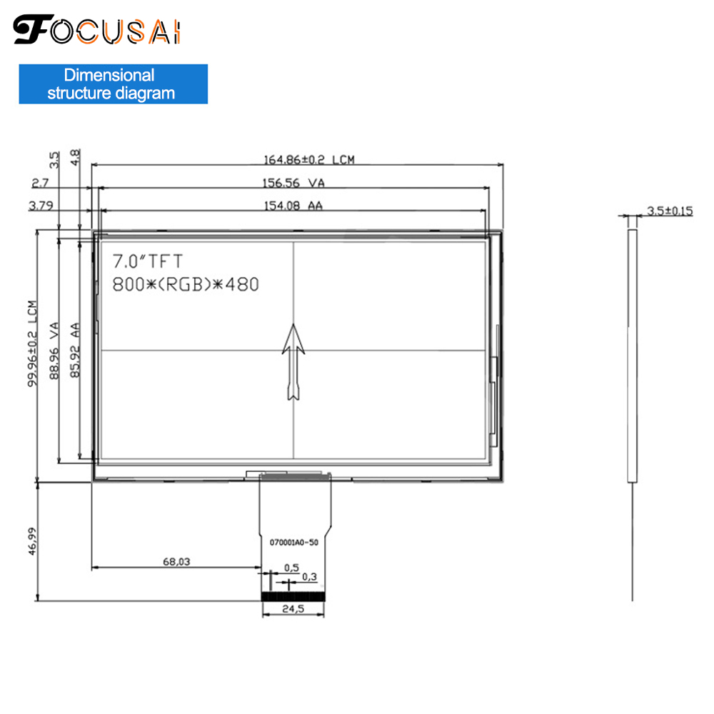FocusAi 7 inch 800x480 Resolution HD 50 pins 60Hz IPS LCD Display Screen Portable LCD Display Module